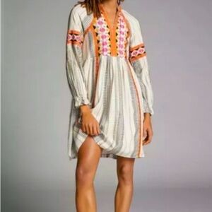 Anthropologie White Embroidered Boho Mini Dress